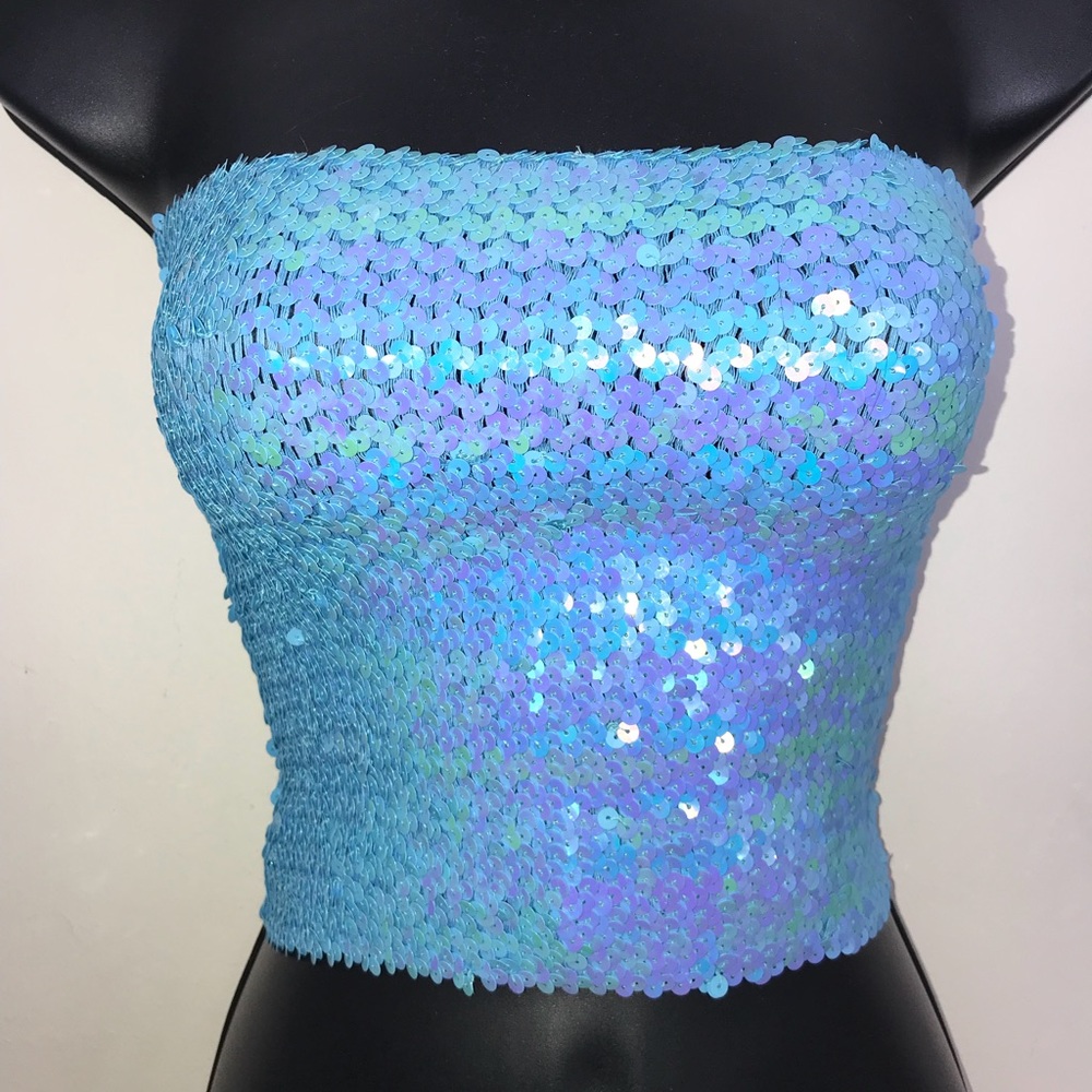 Blue sequin stretch tube top y2k